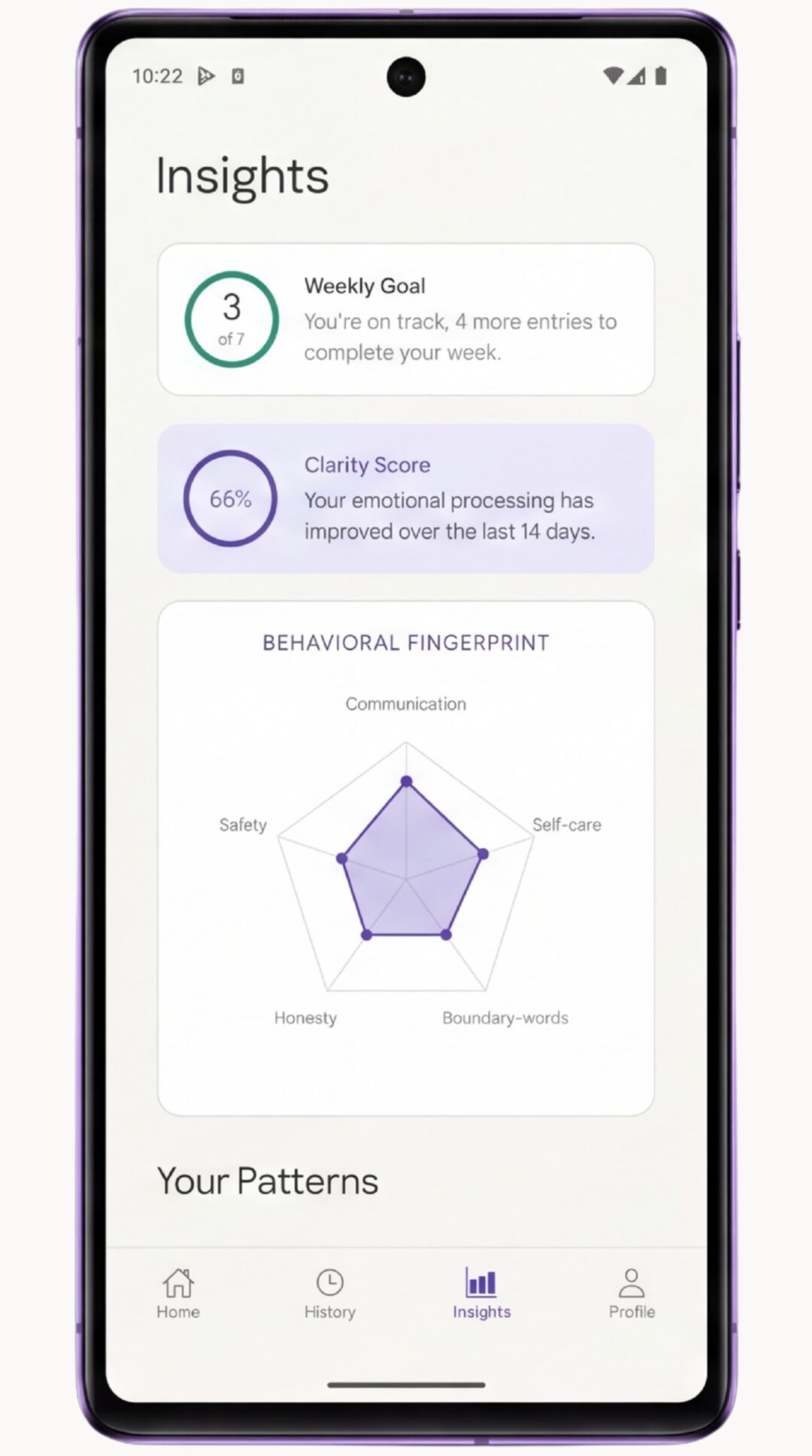 Tela de insights do LensDay mostrando padrões dos seus check-ins recentes