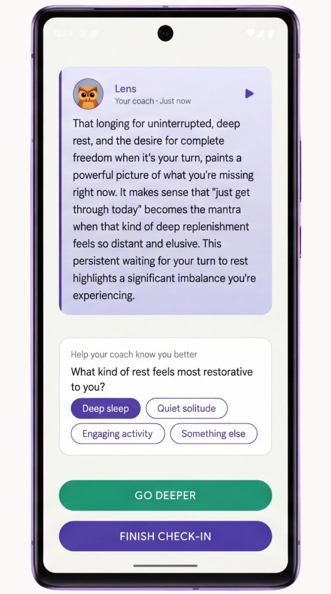 A reflexão do seu coach com os controles de Ouvir e uma pergunta para ir mais fundo